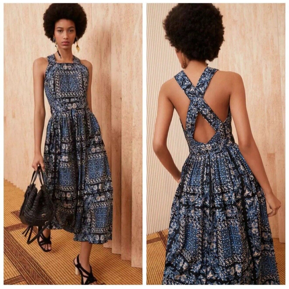 Ulla Johnson Kerani Midi Boho Pinafore Dress Women Size 10 Blue Azure Cotton EUC